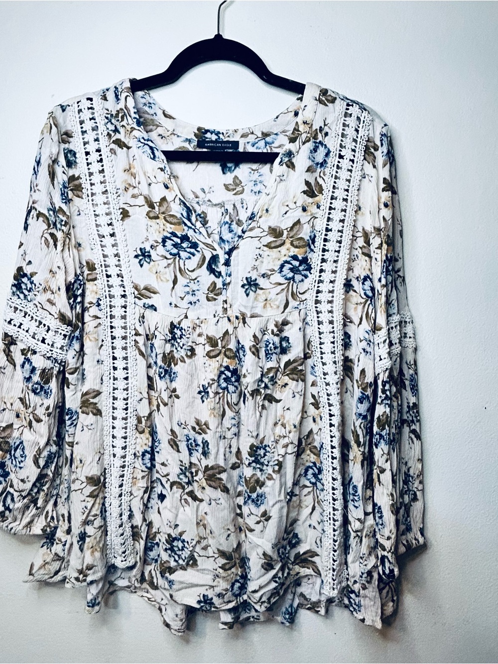 American Eagle Outfitters Floral Crochet Trim Peasant Top - Cream and Blue
